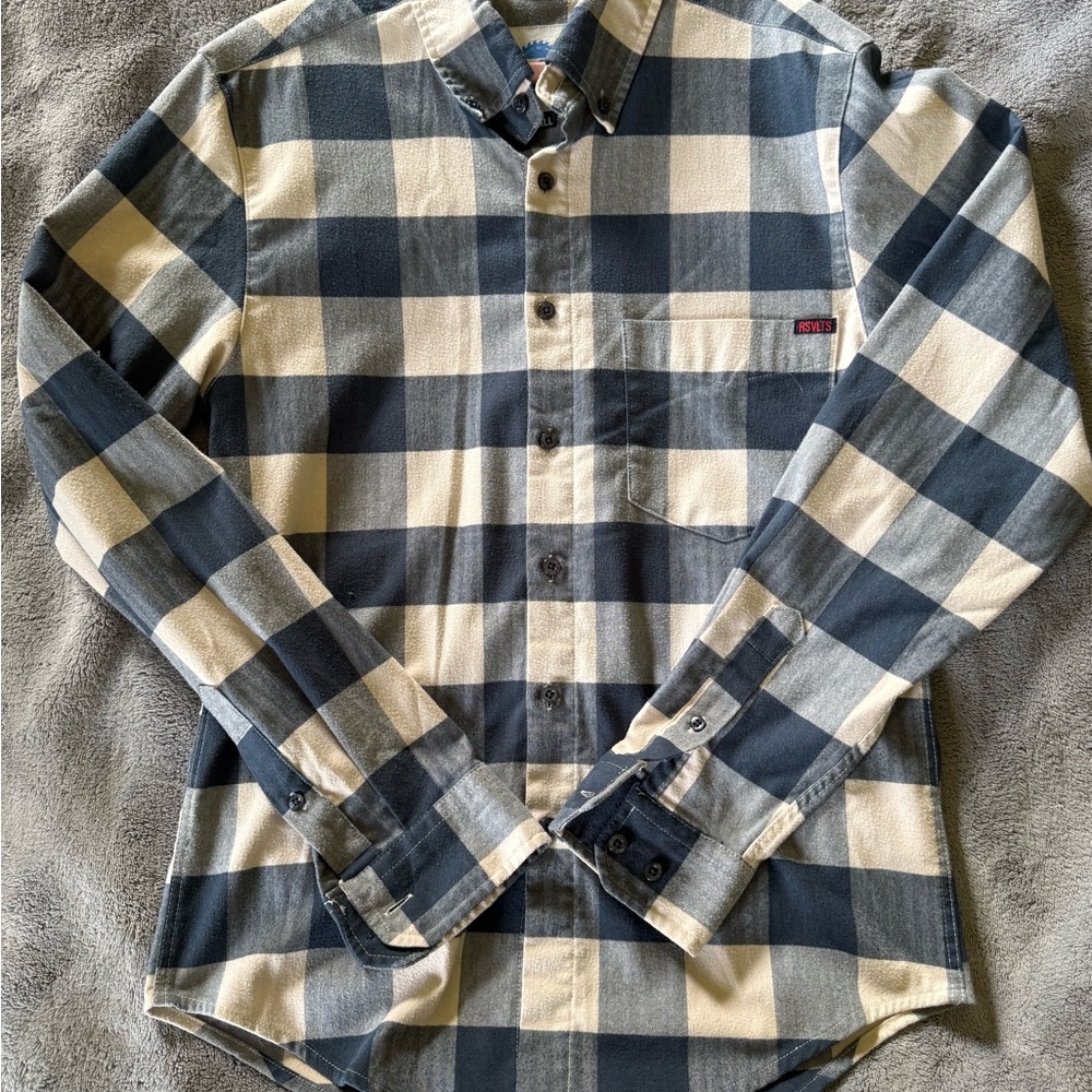 RSVLTS Navy and Cream Check Button-Down Flannel Shirt - Mens XS